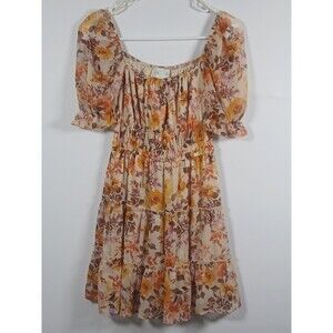 Jun & Ivy XXS Taupe Floral Tiered Mini Dress Square Neck Puff Sleeve Flowy Boho